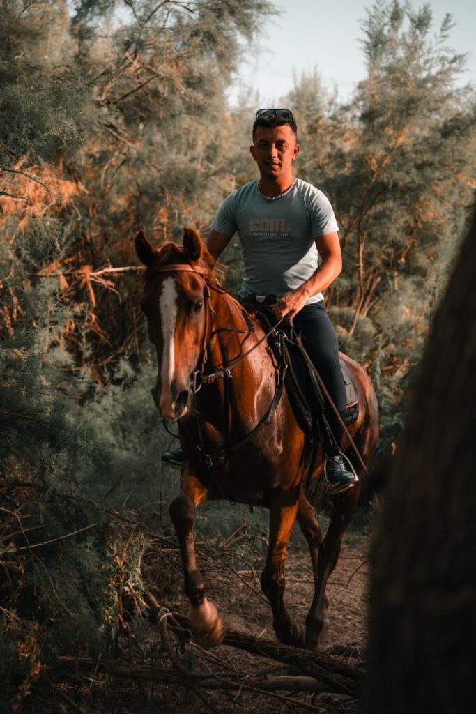 A man enjoys horseback riding through a wooded path surrounded by coniferous trees.