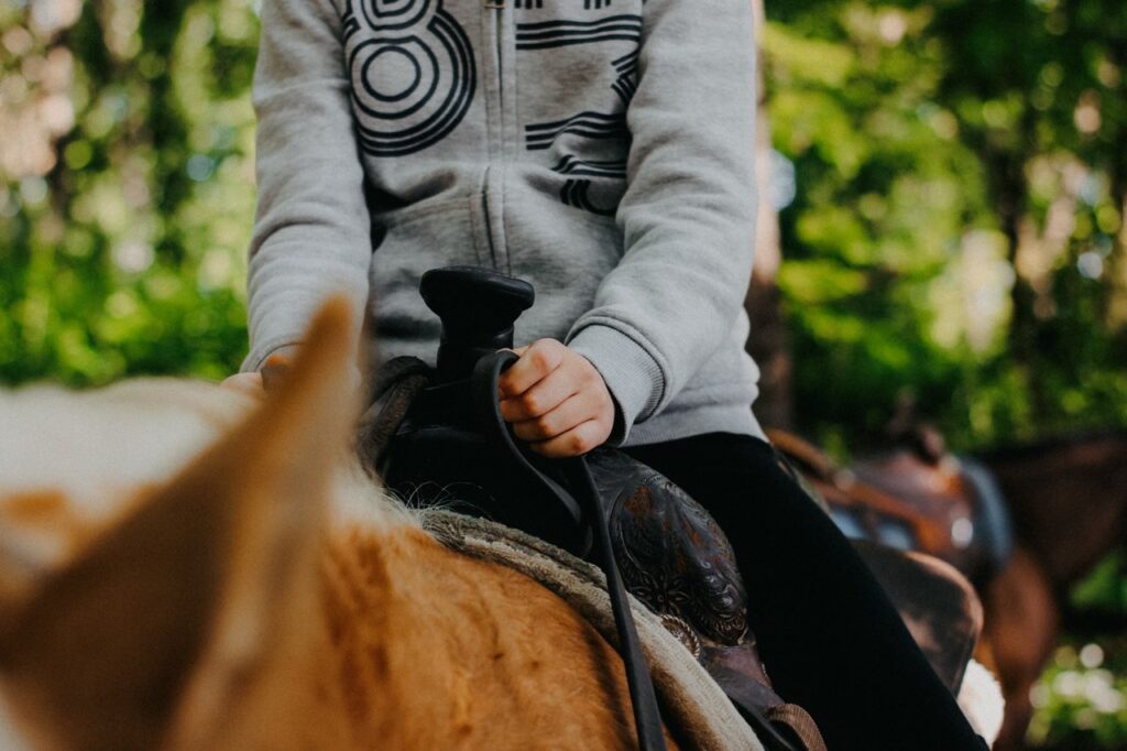 A person in a hoodie rides a horse outdoors, focusing on the saddle and reins.